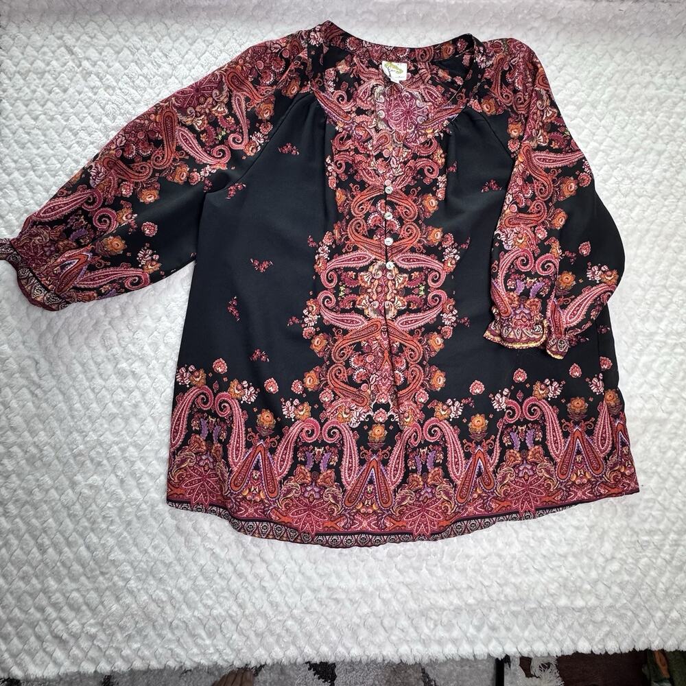 Fig And Flower Women’s Tunic Top Paisley 3/4 Sleeve Pink And Black Size 2XL